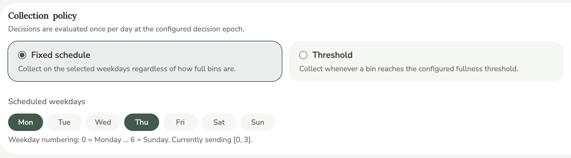 Collection policy screen with fixed schedule and threshold options